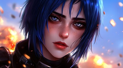 Portrait of a Young Woman with Blue Hair and Freckles Against a Dramatic Fire Background