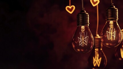 Obraz premium Vintage Edison style light bulbs with floating glowing hearts on a black and burgundy background