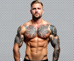 Fototapeta premium A tattooed muscular man poses in hyper-realistic detail against a transparent high-resolution background.