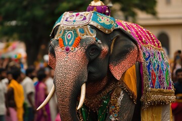 Obraz premium An elegantly decorated elephant featuring a stunning gold and silver headdress, symbolizing grandeur and beauty.