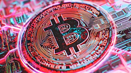 Glowing Bitcoin Symbol on Abstract Digital Background Representing Cryptocurrency and Blockchain Technology