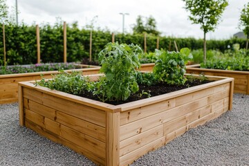 Raised garden beds with plants growing in the garden. Concept of gardening, agriculture, and growing your own food.