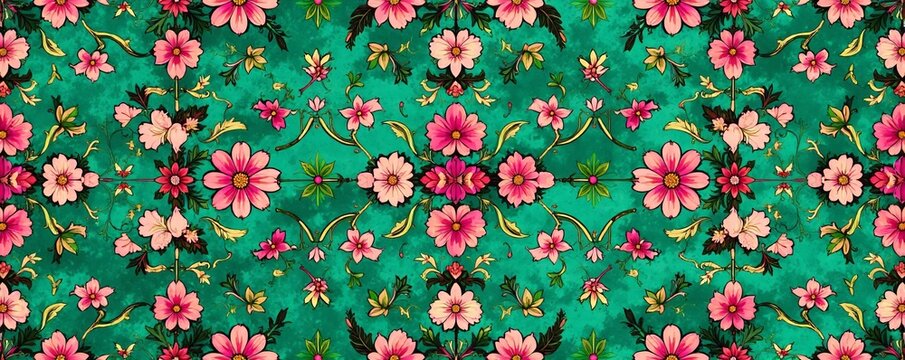 Seamless repetitive sindhi textile pattern with floral motifs in green and pink tones, floral, background, textile