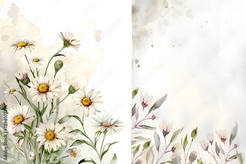 Poster on the right is a botanical watercolor illustration of daisy branches with white and pink flowers an
