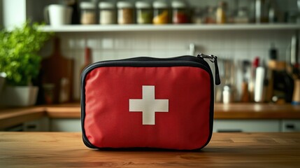 Bright red first aid kit with a white cross symbol on a wooden kitchen countertop, surrounded by kitchen utensils and vibrant greenery in a modern setting