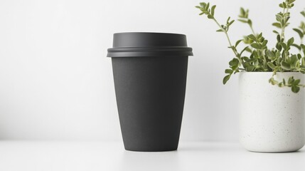 Minimalist Ceramic Coffee Cup on a White Surface With a Plant Nearby. Generative AI