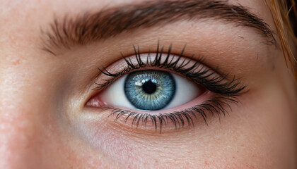 Obraz premium detailed macro shot of female eye showcasing vibrant blue iris and eyelashes