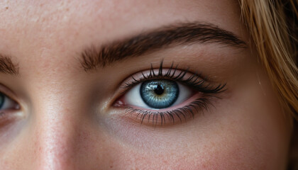 Obraz premium Detailed macro of female eye showcasing blue iris and eyelashes
