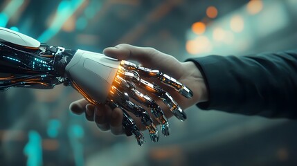 Human and robotic hands reaching out to each other in a futuristic setting with glowing elements