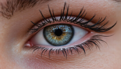 Obraz premium Macro view of female eye showcasing intricate details and vibrant colors