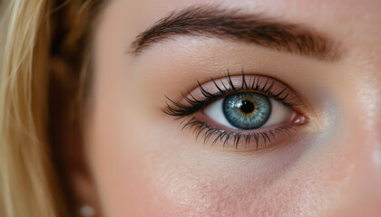 Obraz premium close up view of female eye showcasing vibrant blue iris and long eyelashes