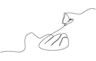 Fototapeta premium Continuous one line drawing of hand holding butterfly, One continuous line drawing of hand holding butterfly. Beautiful flying moth for well being beauty or spa salon logo in simple linear style. 