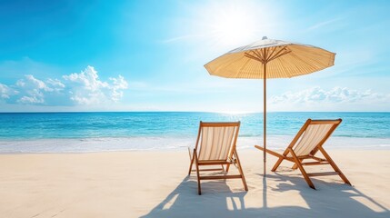 Two chairs under a colorful umbrella, set against a sandy beach backdrop, inviting relaxation and enjoyment of the sun and sea.
