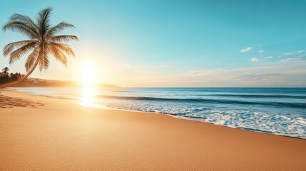 Arafed palm tree silhouetted against a vibrant sunset on a tranquil beach, creating a serene coastal atmosphere.