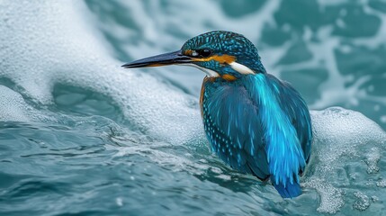 A female Kingfisher, her iridescent blue feathers catching the sunlight, emerged from the depths of the turquoise water, her beak empty but her eyes gleaming with a determined glint. The ocean, a