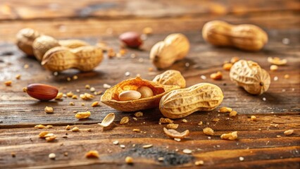 A close-up shot of a crunchy peanut snack on a wooden table