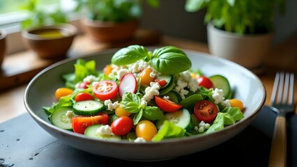 Fresh green salad with cherry tomatoes and feta cheese served on a rustic wooden table in a cozy kitchen setting