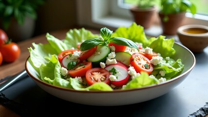 Fresh green salad with cherry tomatoes and feta cheese served on a rustic wooden table in a cozy kitchen setting
