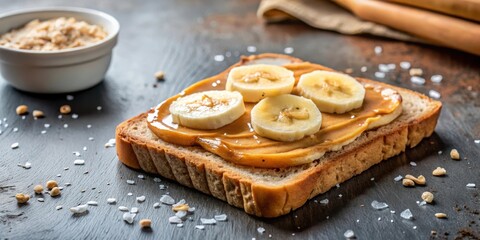 A slice of toasted bread with a generous spread of creamy peanut butter and sliced banana, topped with a sprinkle of sea salt