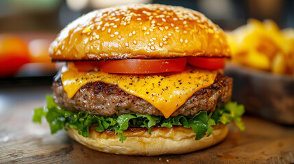 Delicious cheeseburger with lettuce, tomato, and melted cheddar on a sesame bun, served with fries on a rustic wooden table
