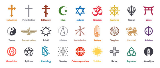 Set of world religion symbols. Signs of major religious groups and religions.