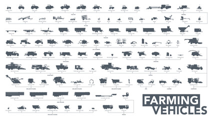 Farming vehicles icon set. Agricultural machines silhouette on white. Vector illustration