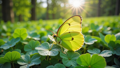 Bright green butterfly resting on clover leaf in morning light, St. Patrick's Day
