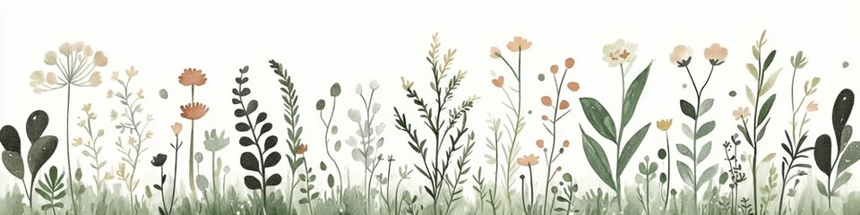Watercolor Wildflower Meadow, Mint Green Floral Illustration, Calming Nature Background Illustration