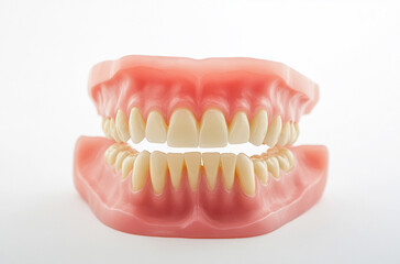 Fototapeta premium A Dentures and bridge made of inflatable material on white background, dental prosthetics for elderly people with missing upper or lower teeth isolated on transparent white background.