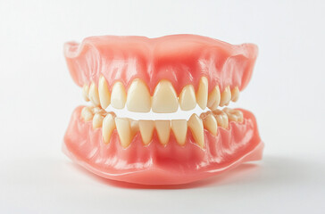 Obraz premium dentures and a bridge made of inflatable material on a white background, dental prosthetics for elderly people with missing upper or lower teeth, isolated on a transparent white background.