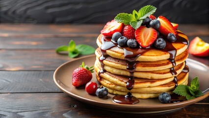 Fluffy pancakes with rich chocolate sauce drizzle and fresh fruits on a plate, yummy, breakfast food