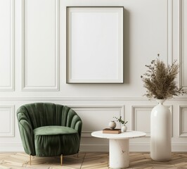 A green velvet armchair sits next to a white marble table with a vase of dried flowers and a blank picture frame hanging on the wall