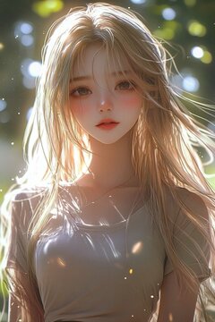 A realistic anime girl with long, flowing blonde hair, facing forward with opened eyes that sparkle with warmth and kindness. She wears a simple, stylish shirt and has a gentle smile, her mouth closed