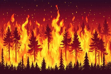 Intense Forest Fire with Bright Flames and Dark Silhouetted Trees