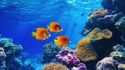 Naklejka premium Three fish swim gracefully near vibrant coral in clear water, showcasing the beauty of marine life and the underwater ecosystem.
