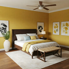 Fototapeta premium bedroom interior, interior design, modern living room with bad, Warm Bedroom Aesthetic | Yellow Throw on a Large Bed