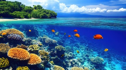 Naklejka premium A vibrant scene of numerous fish swimming gracefully in clear water close to a serene sandy beach, highlighting marine life and natural beauty.