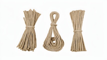 Various Bundles of Natural Twine Rope Displayed in a Minimalist Arrangement with Knots