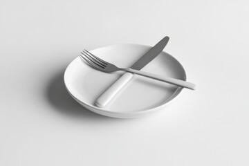 Elegant dining concept: Clean white plate with crossing silverware, knife and fork, suggesting meal completion or readiness for the next course, clean and minimalist.