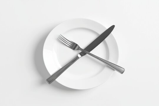 A clean white plate with crossed fork and knife, symbolizing 'end of meal' or 'ready for next course', ideal for restaurant and dining themes, minimalist style.