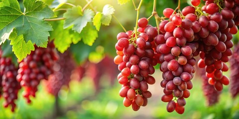 A crimson red grape clusters hang in abundance on a lush green vine surrounded by leaves and tiny white flowers, red grapes, fruit cluster