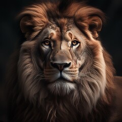 Fototapeta premium A striking lion with a deep, introspective gaze sits in quiet dignity, its thick mane resembling a warrior’s battle cloak.