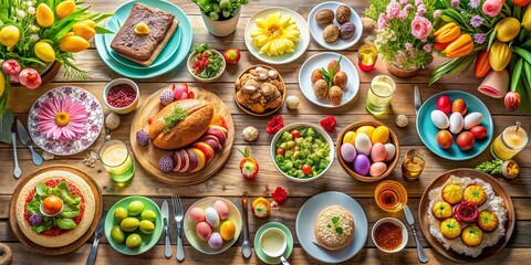 Aerial View: Festive Easter Table Setting with Ham, Cakes, Spring Flowers & Eggs