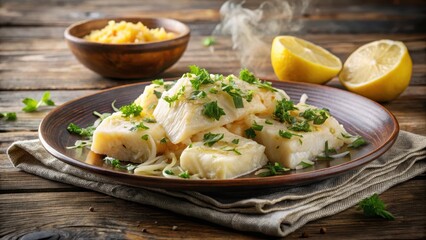 bacalhau a bras on plate with shredded salt cod served steaming hot, seafood, traditional dish