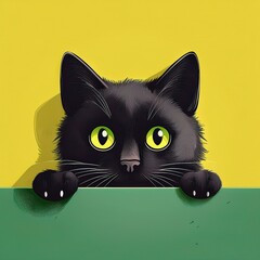 A sleek panther kitten gazes with bright yellow eyes over a green wall, its curious expression rendered in a cartoon style, conveying a sense of playful intrigue.