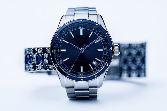 Close-up of a luxurious stainless steel wristwatch with a deep blue dial, paired with a sapphire and diamond bracelet, symbolizing elegance and timeless style.