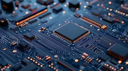 Obraz premium Close-Up View of an Advanced Blue Circuit Board Featuring Integrated Components and Microchips