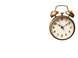 Vintage gold alarm clock on Transparent Background with white face, PNG