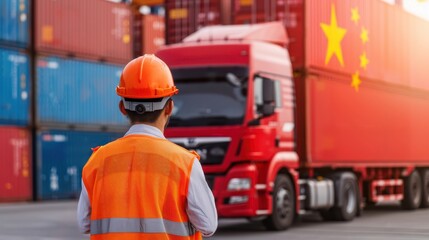 Engineer supervising loading operations, wearing orange safety vest and hard hat near red truck at bustling Chinese port