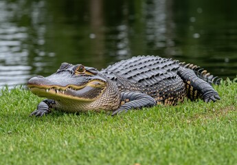 Obraz premium Majestic Alligator Resting Along the Water's Edge in a Lush Green Environment with Calm Reflections in the Background